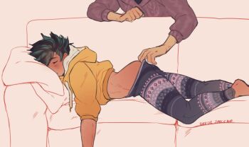 2boys ass body_freckles boku_no_hero_academia closed_eyes couch freckles from_side green_hair highres leggings male_focus midoriya_izuku multiple_boys on_couch short_hair sleep_molestation sleeping spacenipnops yaoi yellow_hood