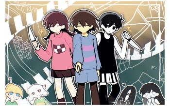 ! 1other 2boys 3girls :d ? animal antenna_hair aqua_background asriel_dreemurr bare_arms bare_shoulders big_yellow_cat_(omori) black_eyes black_hair black_shorts black_tank_top black_thighhighs blonde_hair blue_eyes blue_shirt blue_shorts blunt_bangs border bright_pupils brother_and_sister brown_background brown_eyes brown_pantyhose brown_skirt brown_socks cat chromatic_aberration closed_eyes closed_mouth colored_skin commentary crossover double-parted_bangs empty_eyes expressionless facing_viewer feet_out_of_frame flower frisk_(undertale) furry furry_male goat_boy gradient_background grand_piano green_shirt green_sweater hair_behind_ear hair_between_eyes hand_up hands_on_own_chin hapr_(noneprice) heart heart_hands high_ponytail holding holding_knife inset_border instrument jitome kneehighs knife long_hair long_sleeves looking_at_another looking_at_viewer madotsuki mari_(omori) mari_(spirit)_(omori) miniskirt multiple_boys multiple_girls no_nose no_pupils omori omori_(omori) open_mouth outline own_hands_together pale_skin pantyhose piano piano_keys pink_shirt pink_sweater pleated_skirt poniko ponytail puffy_long_sleeves puffy_sleeves reaching reaching_towards_viewer reverse_grip shirt short_hair short_sleeves shorts siblings simple_background skirt smile socks something_(omori) sparkle standing striped_clothes striped_shirt striped_shorts striped_sweater sweater symbol-only_commentary tank_top thighhighs trait_connection turtleneck turtleneck_sweater two-tone_shirt two-tone_shorts two-tone_sweater undertale upper_body utdr_(toby_fox) vertical-striped_clothes vertical-striped_shorts very_short_hair weapon_connection white_border white_eyes white_fur white_outline white_pupils white_shirt white_shorts white_skin yellow_sweater yume_nikki
