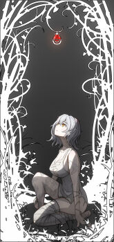 1girl absurdres bandaged_arm bandaged_leg bandages bare_shoulders blood_bead breasts cleavage code_vein commentary dress english_commentary from_side hair_between_eyes highres io_(code_vein) large_breasts looking_up short_dress shoshu sleeveless sleeveless_dress solo torn_clothes torn_dress white_dress white_hair yellow_eyes