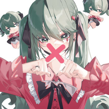 1girl absurdres black_nails black_ribbon blurry blush center_frills chibi commentary depth_of_field facial_mark frilled_shirt frills green_eyes green_hair hair_between_eyes hair_ornament hair_ribbon hatsune_miku heart heart_facial_mark heart_hair_ornament highres jewelry jirai_kei looking_at_viewer mask mouth_mask neck_ribbon panties pink_shirt qtian ribbon ring shirt twintails underwear vampire_(vocaloid) vocaloid white_background white_panties x_(symbol) x_fingers