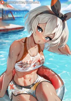 Rule 34 | 1girl, :o, abs, absurdres, afloat, alternate costume, bea (pokemon), bikini, black hairband, blonde hair, blue eyes, blurry, blurry background, blush, bow hairband, cloud, commentary, crop top, day, eyelashes, hairband, highres, innertube, klopsiak, lifeguard, navel, nintendo, open mouth, outdoors, patreon logo, pokemon, pokemon swsh, see-through bikini, see-through clothes, short hair, shorts, sky, solo, sparkle, swim ring, swimsuit, toned, toned female, water, watermark, web address, wet, wet clothes, whistle, whistle around neck