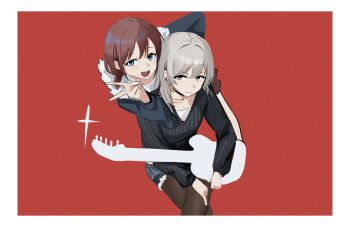 2girls absurdres black_pantyhose black_sweater blue_jacket blue_shorts border brown_hair collarbone commentary ear_piercing girls_band_cry grey_eyes grey_hair haidao_mao hair_between_eyes highres iseri_nina jacket kawaragi_momoka long_hair long_sleeves looking_at_viewer low_twintails multiple_girls open_mouth pantyhose pantyhose_under_shorts piercing red_background short_hair short_twintails shorts silhouette simple_background sweater twintails white_border