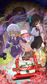 2girls :d absurdres barefoot black_hat black_skirt blonde_hair brown_eyes brown_hair building cityscape closed_eyes closed_mouth different_reflection dress fedora hat highres holding holding_hands holding_shoes holding_unworn_clothes kourou_(kouroukun) long_sleeves maribel_hearn medium_hair mob_cap multiple_girls open_mouth purple_dress reflection reflective_water ripples shirt shoes shrine skirt smile torii touhou unworn_shoes usami_renko walking white_hat white_shirt