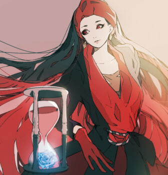 1girl animification arabian_clothes black_hair disneyland dress earrings farja gloves hourglass jewelry kyou_o lipstick long_hair long_sleeves looking_at_viewer makeup red_gloves simple_background smile solo upper_body