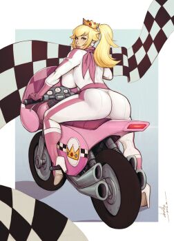 1girl absurdres artist_name ass blonde_hair blue_background blue_eyes bodysuit boots border breasts checkered_flag crown devilhs earrings flag from_behind full_body gloves high_heel_boots high_heels highres jewelry large_breasts long_hair looking_back mario_(series) mario_kart mario_kart_wii motor_vehicle motorcycle nintendo pink_boots pink_gloves ponytail princess_peach scarf simple_background sitting solo thick_lips white_bodysuit white_border
