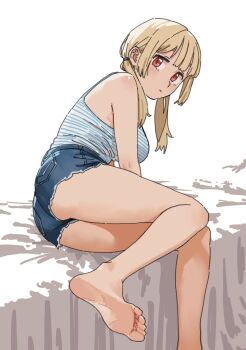 1girl barefoot blonde_hair feet h4sh1rnoto highres long_hair looking_at_viewer low_twintails red_eyes short_shorts shorts soles toes twintails
