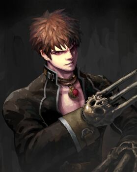 Rule 34 | 1boy, brown eyes, brown hair, clawed gauntlets, commentary request, gloves, highres, jewelry, lips, long sleeves, looking at viewer, male focus, necklace, nobutaka hanya, shadow hearts, short hair, smile, solo, weapon, yuri hyuga