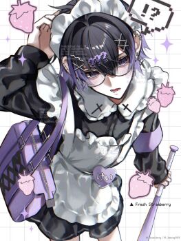 !? 1boy apron bag baseball_bat black-framed_eyewear black_dress black_hair commentary commission cowboy_shot crossdressing crossdressing_(mtf) double-parted_bangs dress glasses gradient_hair grid_background hair_between_eyes hair_ornament hand_up highres holding holding_baseball_bat kaminoq long_sleeves maid maid_headdress male_maid mole mole_under_eye multicolored_hair open_mouth original purple_eyes purple_hair short_hair skeb_commission solo spoken_interrobang symbol-only_commentary two-tone_hair watermark white_apron white_background x_hair_ornament