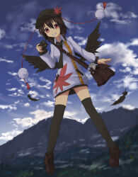 Rule 34 | 1girl, a-lapin, bag, bird wings, black hair, black hat, black necktie, black thighhighs, black wings, breasts, brown footwear, camera, collared shirt, day, feathered wings, flying, hat, highres, holding, holding camera, leaf hat ornament, leaf print, long sleeves, loose necktie, mountainous horizon, necktie, newspaper, outdoors, pom pom (clothes), shameimaru aya, shirt, short hair, shoulder bag, small breasts, solo, tassel, thighhighs, touhou, white shirt, wings