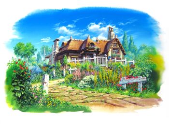 absurdres blue_sky border bush chimney cloud commentary_request day fading_border fence flower gate highres house magewappa_z mailbox_(incoming_mail) no_humans original outdoors path pink_flower red_flower road scenery sky tree window