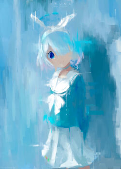 1girl aqua_shirt arona_(blue_archive) blue_archive blue_eyes blue_hair character_name closed_mouth commentary copyright_name english_commentary hair_over_one_eye halo headband highres kaisershmarrn school_uniform serafuku shirt skirt smile solo white_serafuku white_skirt