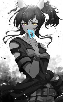 Rule 34 | 1girl, animal ears, bare shoulders, belt, bracelet, breasts, collarbone, commentary, daitaku helios (fun fun party night) (umamusume), daitaku helios (umamusume), ear covers, facial tattoo, hair between eyes, hair ornament, hairclip, highres, horse ears, horse girl, horse tail, jewelry, long hair, looking at viewer, luna (gkluna mas), monochrome, necklace, shirt, short sleeves, shorts, side ponytail, solo, spot color, star (symbol), star hair ornament, tail, tattoo, tied shirt, umamusume, yellow eyes