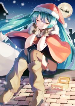 Rule 34 | 1girl, black dress, black thighhighs, blush, brown gloves, brown shoes, capelet, closed eyes, commentary request, double-parted bangs, dress, full body, fur-trimmed capelet, fur-trimmed headwear, fur trim, gloves, hair between eyes, hat, hatsune miku, highres, leg warmers, long hair, mani (manidrawings), moon, night, on rooftop, red capelet, red hat, reindeer, sack, santa costume, santa hat, shoes, sidelocks, sitting, sky, sleigh, smile, solo, star (sky), thighhighs, twintails, very long hair, vocaloid