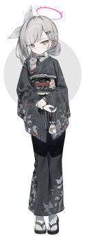 1girl absurdres black_kimono blue_archive commentary full_body grey_hair halo highres huu_(dighapdlxm12) japanese_clothes kimono obi plana_(blue_archive) sash simple_background solo white_background