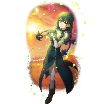 1girl ankle_boots armor artist_request beach black_ribbon blush boots braid braided_ponytail breastplate breasts brown_boots brown_gloves closed_mouth cloud cloudy_sky dusk eyelashes floating_hair full_body game_cg gloves glowing_chest green_eyes green_hair green_tunic hair_ribbon hands_on_own_chest hands_up high_heel_boots high_heels light_particles long_hair long_sleeves looking_at_viewer low_twin_braids multiple_braids ocean official_art orange_sky pants pauldrons raised_eyebrows ribbon rishia_ivyred shirt shoulder_armor side_slit sidelocks simple_background sky sleeveless_tunic small_breasts smile solo standing sunset tate_no_yuusha_no_nariagari tate_no_yuusha_no_nariagari_rerise transparent_background tunic turtleneck_tunic twin_braids white_pants white_shirt