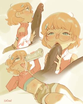 1boy 1girl age_difference artificial_vagina cum dark-skinned_male dark_skin erection fellatio glasses hair_ornament koopidoopi licking licking_penis loli navel oral original penis sex_toy shirt shorts