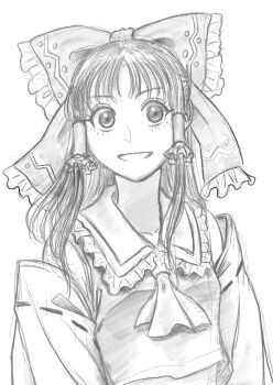 1girl absurdres ascot bow commentary_request detached_sleeves frilled_bow frilled_hair_tubes frills greyscale hair_bow hair_tubes hakurei_reimu highres long_hair looking_at_viewer matanukisuna monochrome ribbon-trimmed_sleeves ribbon_trim sketch smile solo touhou upper_body