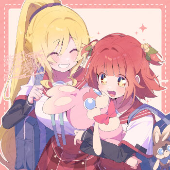 +_+ 2girls ^_^ akino_kaede animal_charm bag bag_charm black_scrunchie black_sleeves blonde_hair blue_bag blue_bow blue_bowtie blunt_bangs border bow bowtie breasts buttons charm_(object) closed_eyes commentary_request cowboy_shot dashed_border dotted_line eyelashes eyes_visible_through_hair grin hair_bobbles hair_ornament hair_scrunchie high-waist_skirt highres holding holding_stuffed_toy hugging_object kamihama_university_affiliated_school_uniform large_breasts layered_sleeves leaf_hair_ornament long_hair long_sleeves magia_record:_mahou_shoujo_madoka_magica_gaiden mahou_shoujo_madoka_magica medium_hair multiple_girls open_mouth orange_eyes outline outside_border pink_border pink_sleeves plaid_clothes plaid_skirt pocket red_hair red_sailor_collar red_skirt sailor_collar school_bag school_uniform scrunchie serizawa_serizane shirt short_over_long_sleeves short_sleeves skirt sleeves_past_wrists smile sparkle sparkling_eyes stuffed_animal stuffed_rabbit stuffed_toy togame_momoko twitter_username two_side_up very_long_hair white_background white_outline white_shirt