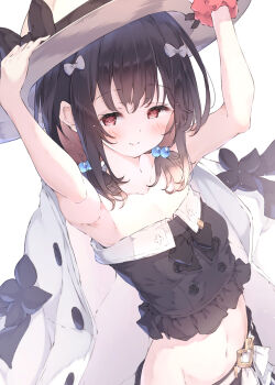 Rule 34 | 1girl, absurdres, arm up, black bow, black hair, black shorts, bow, breasts, buckle, cropped shirt, granblue fantasy, hat, hat bow, heart, heart-shaped buckle, highres, medium breasts, navel, red eyes, red scrunchie, scrunchie, short twintails, shorts, solo, stomach, sun hat, twintails, ukiwakisen, vikala (granblue fantasy), vikala (summer) (granblue fantasy), white hat, wrist scrunchie