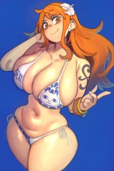 Rule 34 | 1girl, alternate costume, bikini, blue background, breasts, curvy, earrings, huge breasts, jewelry, kelvin hiu, legs together, long hair, nami (one piece), navel, official alternate costume, one piece, orange eyes, orange hair, print bikini, shiny skin, shoulder tattoo, side-tie bikini bottom, smile, solo, swimsuit, tattoo, thong, thong bikini, white bikini, wide hips