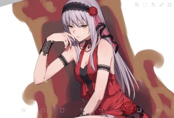 1girl armlet art_program_in_frame bang_dream! breasts brown_eyes chair cleavage dress flower grey_hair hair_between_eyes hair_flower hair_ornament highres jewelry kanade_(kanade_3344) long_hair medium_breasts minato_yukina parted_lips red_dress red_flower red_rose rose screencap sleeveless sleeveless_dress solo