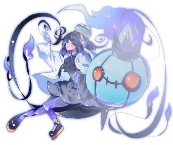 1girl absurdres black_dress black_hair blue_gloves blunt_bangs blush bob_cut chandelure coat cttn1117 dress fire gen_5_pokemon gloves gradient_hair gwynn_(pokemon) hat highres long_sleeves looking_at_viewer multicolored_hair nintendo open_clothes open_coat open_mouth pantyhose partially_fingerless_gloves pokemon pokemon_(creature) pokemon_legends:_z-a purple_eyes purple_fire purple_hair short_hair white_coat yellow_eyes