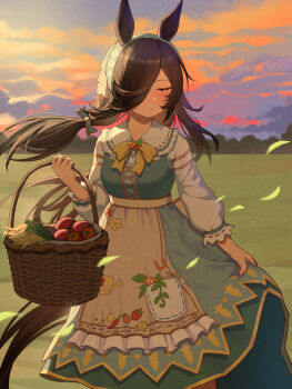 Rule 34 | 1girl, animal ears, basket, blue dress, blush, bow, brown hair, carrot print, closed eyes, closed mouth, dress, enddada, food print, green veil, hair over one eye, highres, holding, holding basket, horse ears, horse girl, horse tail, long hair, rice shower (umamusume), sidelocks, solo, tail, tomato, umamusume, veil, white sleeves, yellow bow