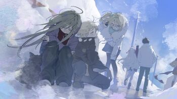 2boys 4girls absurdres ahoge black_cat black_jacket black_pants black_thighhighs blonde_hair blue_sky brown_hair cat closed_eyes cold commentary facing_away full_body fur-trimmed_jacket fur_trim green_hair highres ice jacket kagerou_project kano_shuuya kido_tsubomi kisaragi_momo knee_up kneeling kozakura_marry long_hair looking_down mo011010 multiple_boys multiple_girls outdoors pants purple_jacket red_scarf scarf seto_kousuke side_ponytail sky snow symbol-only_commentary tateyama_ayano thighhighs trembling utility_pole walking white_jacket yellow_eyes
