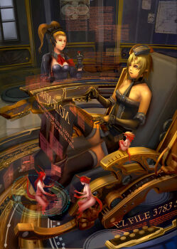 5girls ascot bare_shoulders black_boots black_bow black_collar black_dress black_gloves black_hairband black_jacket black_necktie black_thighhighs blonde_hair boots bow breasts brown_hair buttons candy chair chupa_chups cleavage collar collarbone colored_skin commentary completely_nude detached_collar dragon_girl dragon_horns dragon_tail dress elbow_gloves english_commentary expressionless fantasy food forehead frilled_hairband frilled_leotard frills full_body gloves gradient_skin grey_collar hair_bow hairband happy hat high_ponytail highres holding holding_candy holding_food holding_lollipop horns jacket knee_up leotard lollipop long_sleeves low_neckline map_(object) medium_breasts military_hat mini_person minigirl multiple_girls narongchai_singhapand necktie nude on_chair open_clothes open_jacket original parted_lips photoshop_(medium) plaid_clothes plaid_collar pointy_ears ponytail purple_leotard red_ascot red_horns red_skin red_tail science_fiction short_dress short_hair shoulder_blades sitting size_difference split_ponytail strapless strapless_leotard tail thick_eyebrows thighhighs wavy_hair window