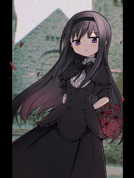 Rule 34 | 1girl, akemi homura, akemi homura (black dress), anime coloring, arms behind back, black border, black capelet, black dress, black hair, black hairband, black ribbon, border, capelet, center frills, church, closed mouth, cloud, cloudy sky, collared shirt, commentary request, day, dot nose, dress, expressionless, feet out of frame, film grain, flower, frills, hair between eyes, hairband, high collar, highres, holding, holding flower, ikuchi osutega, jitome, light frown, long dress, long hair, long sidelocks, mahou shoujo madoka magica, mahou shoujo madoka magica: hangyaku no monogatari, neck ribbon, outdoors, petals, photo background, pillarboxed, purple eyes, red flower, ribbon, shirt, shirt under dress, short sleeves, sidelocks, sky, sleeve cuffs, solo, spider lily, very long hair, white shirt