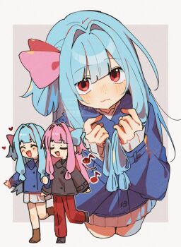 2girls :3 :d ^_^ artist_name black_shirt blue_hair blue_ribbon blue_shirt blunt_bangs blush border brown_socks buttons closed_eyes closed_mouth collared_shirt commentary_request corn_kuten dot_nose grey_background grey_skirt hair_intakes hair_ribbon hands_up holding holding_own_hair kotonoha_akane kotonoha_aoi long_hair long_sleeves looking_at_viewer miniskirt multiple_girls multiple_views one_side_up open_mouth outside_border pants pink_hair pink_ribbon pleated_skirt red_eyes red_pants ribbon shirt siblings simple_background sisters skirt sleeves_past_wrists smile socks twitter_username voiceroid watermark white_border