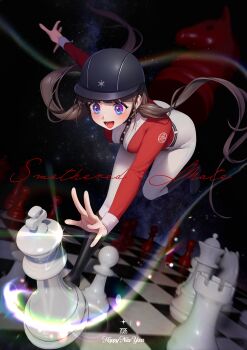 Rule 34 | 1girl, 2026, absurdres, belt, bent over, black belt, black hair, black helmet, blue eyes, boots, chess piece, commentary, custodian helmet, full body, happy new year, helmet, highres, jacket, knee boots, leg up, long hair, long sleeves, new year, original, outstretched arm, pants, pants tucked in, reaching, red jacket, riding boots, riding outfit, solo, standing, standing on one leg, teddyellow, tight clothes, tight pants, twintails, white pants