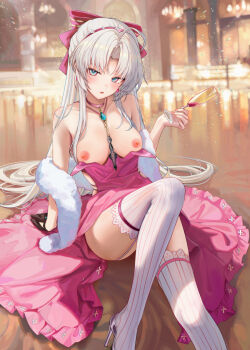 1girl :o alternate_costume aqua_eyes bare_shoulders black_gloves bow breasts carlotta_(wuthering_waves) commentary_request cup dress drinking_glass earrings feather_boa foot_out_of_frame gloves grey_hair hair_bow hair_spread_out hairband high_heels highres holding holding_cup jewelry light_blush long_hair looking_at_viewer medium_breasts nail_polish nipples open_mouth paid_reward_available parted_bangs pink_bow pink_dress pink_hairband pink_nails ru_zhai sidelocks sitting smile solo strapless strapless_dress striped_bow thighhighs thighs very_long_hair white_thighhighs wuthering_waves