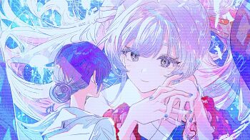 Rule 34 | 2girls, bare shoulders, blade runner (series), blade runner 2049, blush, cho kaguya-hime!, closed mouth, commentary request, floating hair, grey eyes, hair bun, hair rings, highres, interlocked fingers, korean commentary, looking at another, meme, multiple girls, own hands together, parody, purple hair, runami yachiyo, sailor collar, sakayori iroha, sanya (hwanmul), school uniform, serafuku, shirt, short hair, single hair bun, smile, twintails, white hair, white sailor collar, white shirt, you look lonely (meme)