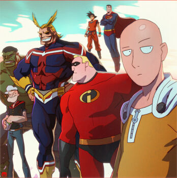 all_might bald black_hair black_shirt blonde_hair blue_bodysuit bodysuit boku_no_hero_academia boots cape cape_clasp clenched_teeth colored_skin coran_stone crossed_arms crossover dc_comics denim dragon_ball dragonball_z eye_mask floating green_hair green_skin hands_on_own_hips hat hulk jeans marvel mask medium_hair mr._incredible multiple_crossover one-punch_man orange_dougi pants popeye popeye_the_sailor red_bodysuit red_boots red_cape sailor_hat saitama_(one-punch_man) shirt short_hair short_sleeves smoking_pipe son_goku spinach superman superman_(series) teeth the_incredibles white_cape yellow_bodysuit zipper
