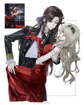 Rule 34 | 2girls, bad source, black headband, black suit, blonde hair, bow, brown hair, butch/femme couple, couple, dipping, dress, formal clothes, gloves, hair ornament, hair ribbon, hairclip, headband, highres, long hair, looking at another, multiple girls, naughty face, one eye closed, purple bow, red dress, red gloves, ribbon, saijou claudine, serious, shoujo kageki revue starlight, shoujo kageki revue starlight -re live-, suit, tendou maya, yuri