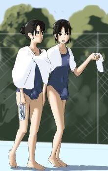 2futa black_hair bulge character_request copyright_request feet futanari goggles halui_2 hat highres multiple_futa penis poolside swimsuit testicles towel walking