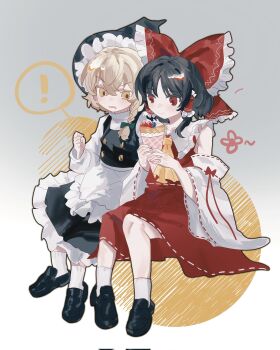 Rule 34 | !, 2girls, apron, ascot, black shoes, black skirt, black vest, blonde hair, blue bow, bow, braid, brown hair, commentary, corrupted twitter file, crepe, detached sleeves, food, frilled bow, frilled hair tubes, frilled skirt, frills, hair bow, hair tubes, hakurei reimu, hat, highres, holding, holding crepe, holding food, kirisame marisa, kouyicha, loafers, long hair, long sleeves, multiple girls, red bow, red eyes, red skirt, ribbon-trimmed skirt, ribbon-trimmed sleeves, ribbon trim, shoes, side braid, single braid, sitting, skirt, skirt set, socks, spoken exclamation mark, touhou, vest, waist apron, white apron, white socks, witch hat, yellow ascot, yellow eyes