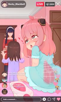 3girls ? ahegao anal anal_object_insertion anya_(spy_x_family) aqua_dress bar_censor becky_blackbell black_hair black_pantyhose blush brown_hair censored character_name chat_log clueless confused dress eyelashes feet_out_of_frame female_focus from_behind green_eyes heart heart-shaped_pupils indoors instagram livestream loli long_hair long_sleeves looking_at_another looking_down multiple_girls object_insertion open_mouth oscarlllll pantyhose pink_hair purple_dress red_eyes red_sweater rolling_eyes short_hair_with_long_locks sitting spy_x_family standing sweater symbol-shaped_pupils tears tongue tongue_out variant_set x-ray yor_briar