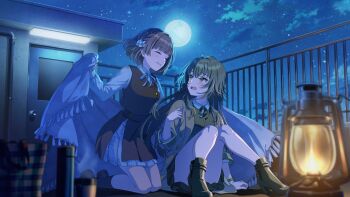 2girls bag black_shoes black_skirt black_vest blanket blunt_bangs ceiling_light closed_eyes collared_shirt condenser_unit door doorknob elbow_sleeve embarrassed flower full_moon gakuen_idolmaster game_cg green_eyes green_hair grin hair_flaps hair_flower hair_intakes hair_ornament handrail hatsuboshi_gakuen_school_uniform highres holding holding_blanket idolmaster jacket kneeling lantern lead_pipe long_hair moon multiple_girls official_art on_rooftop plaid_clothes plaid_jacket pleated_skirt school_uniform shirt shoes short_hair sidelocks sitting skirt sky smile star_(sky) starry_sky thermos third-party_source tsukimura_temari vest white_flower white_shirt