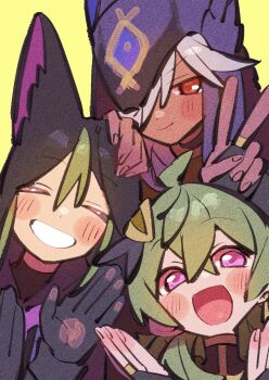 1girl 2boys ahoge animal_ears black_gloves black_hoodie collei_(genshin_impact) cyno_(genshin_impact) fox_ears genshin_impact gloves green_hair hand_up happy hat highres hood hood_down hoodie long_hair multicolored_hair multiple_boys nploser purple_eyes purple_hat red_eyes simple_background streaked_hair tighnari_(genshin_impact) undershirt v white_hair yellow_background
