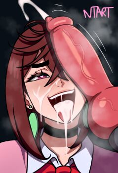 1boy 1girl animal_penis artist_name ayase_momo bestiality black_choker bow bowtie brown_hair choker collared_shirt commentary crossed_bangs cum cum_in_mouth cum_on_body cum_on_tongue cumdrip dandadan dog_penis earrings english_commentary facial girthy_penis hair_between_eyes heart heart-shaped_pupils hetero highres jewelry kami_high_school_uniform knotted_penis medium_hair naughty_taboos one_eye_covered open_mouth pendant_earring penis penis_awe penis_on_face pink_eyes red_bow red_bowtie school_uniform shirt signature steaming_body symbol-shaped_pupils thick_eyebrows tongue uncensored veins veiny_penis