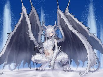 1girl absurdres blue_background breasts caligo_miasma_of_night claws commentary dragon_girl ekrea_jan elden_ring elden_ring_nightreign hair_over_one_eye highres horns long_hair medium_breasts monster_girl multiple_wings navel squatting tail wings