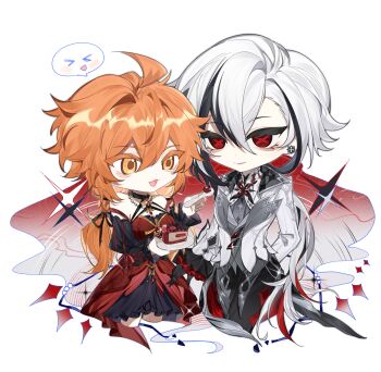 Rule 34 | 2girls, absurdres, ahoge, arlecchino (genshin impact), arm behind back, artist request, bare shoulders, black gloves, black pants, cake, cake slice, chibi, chibi only, chinese commentary, closed mouth, collared jacket, commission, couple, detached collar, detached sleeves, dress, earrings, food, formal clothes, frilled dress, frills, genshin impact, gloves, grey hair, grey suit, hair between eyes, hands up, happy, highres, holding, holding plate, holding spoon, huge ahoge, jacket, jewelry, light smile, liuboyi33444, long hair, long sleeves, looking down, looking to the side, multicolored background, multicolored dress, multicolored eyes, multicolored hair, multiple girls, oc x canon, open mouth, orange eyes, orange hair, original, pants, pendant, plate, reaching, reaching towards another, red pupils, short hair, single earring, spoken expression, spoon, standing, streaked hair, suit, suit jacket, symbol-shaped pupils, white background, x-shaped pupils, x x