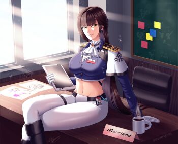 1girl arm_support ascot belt black_belt black_boots black_jacket blunt_bangs boots breasts brown_eyes brown_hair chair chalkboard coffee coffee_mug commentary crop_top cropped_jacket crossed_legs cup doro_(nikke) earrings epaulettes esliminator gloves goddess_of_victory:_nikke groin highres holding holding_tablet_pc id_card indoors jacket jewelry knee_boots large_breasts light_rays long_hair long_sleeves looking_at_viewer marciana_(nikke) midriff military_jacket mug name_tag navel navel_piercing on_table pants parted_lips piercing shadow sidelocks sitting smile solo steam table tablet_pc thigh_strap tight_clothes tight_pants very_long_hair white_ascot white_gloves white_pants window