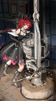 Rule 34 | 1girl, absurdres, arknights, arknights: endfield, bare shoulders, black dress, black gloves, black horns, blurry, blurry background, boots, cable, dirty, dirty clothes, dress, drill, full body, gloves, hair between eyes, hair intakes, high heel boots, high heels, highres, horns, laevatain (arknights), long hair, parted lips, photo-referenced, purple eyes, red hair, sketch, solo, standing, surtr (arknights), v-shaped eyebrows, xerbatt