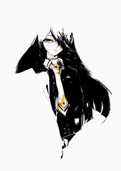 1girl absurdres black_choker black_hair black_shirt blunt_ends choker collared_shirt contrast_collar hair_over_one_eye highres light_smile long_bangs long_hair manhattan_cafe_(umamusume) necktie parted_lips ringring_(artist) shirt simple_background solo umamusume very_long_hair white_background yellow_eyes yellow_necktie