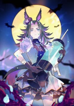 1girl alternate_costume animal_ears bat_(animal) black_gloves black_hair breasts closed_mouth fenomeno_(umamusume) flipped_hair full_moon garter_straps gloves halloween halloween_costume hat highres holding holding_syringe horse_ears horse_girl horse_tail large_syringe long_hair looking_at_viewer moon multicolored_hair night nurse nurse_cap oversized_object puffy_short_sleeves puffy_sleeves purple_eyes purple_hair quro914803 shirt short_sleeves skirt syringe tail thighhighs umamusume white_shirt white_skirt white_thighhighs