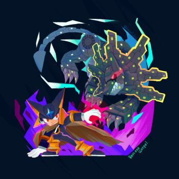 1boy bass.exe_(mega_man) black_bodysuit black_helmet bodysuit brown_cloak buysell_bird chibi chibi_only cloak facial_mark fins forehead_jewel glowing glowing_eyes gospel_(mega_man) head_fins helmet highres mega_man_(series) mega_man_battle_network_(series) mega_man_battle_network_2 netnavi red_eyes sharp_teeth simple_background tail teeth