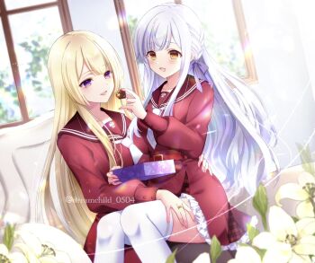 Rule 34 | 2girls, armchair, assault lily, belt, belt buckle, blonde hair, blunt bangs, blurry, blurry background, blush, box, braid, brown pantyhose, brown sailor collar, buckle, candy, chair, chocolate, chocolate heart, commentary request, day, feeding, feet out of frame, flower, food, frilled skirt, frills, grey hair, hair ribbon, hand on another's thigh, hands up, heart, heart-shaped food, high-waist skirt, highres, holding, holding box, holding chocolate, holding food, indoors, jewelry, kanba girls high school uniform, kon kanaho, lens flare, lily (flower), long hair, long sleeves, looking at another, miniskirt, miyagawa takane, mizuha (dreamchild 0504), multiple girls, necktie, on chair, open mouth, pantyhose, purple eyes, purple ribbon, red belt, red shirt, red skirt, ribbon, ring, sailor collar, school uniform, serafuku, shirt, short necktie, side braid, sidelocks, sitting, sitting on lap, sitting on person, skirt, smile, thighhighs, twitter username, very long hair, white flower, white necktie, white thighhighs, yellow eyes, yuri